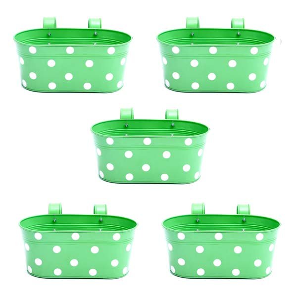 12 inch (30 cm) Polka Railing Oval Metal Planter (Set of 5)(Green)