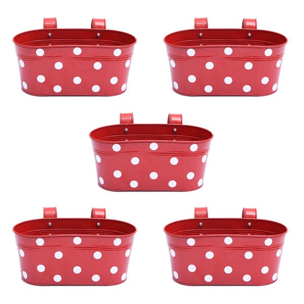 12 inch (30 cm) Polka Railing Oval Metal Planter (Set of 5)(Red)