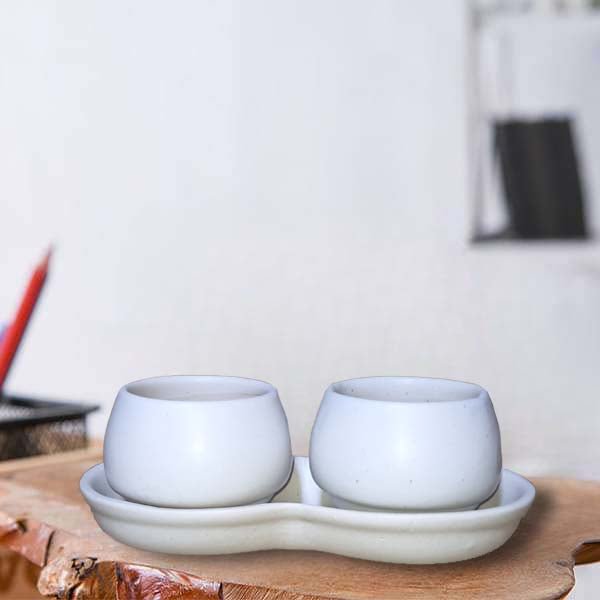 2.5 inch (6 cm) Round Ceramic 2 Pot Set with Plate (Set of 1)(White)