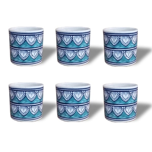 3.5 inch (8 cm) Leaf Design Cylindrical Ceramic Pot (Set of 6)(Blue)