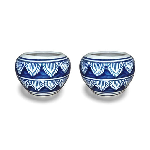 3 inch (7 cm) Apple Round Ceramic Pot (Set of 2)(Blue Leaf Design)