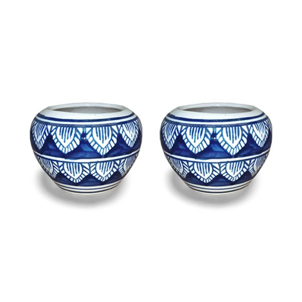 3 inch (7 cm) Apple Round Ceramic Pot (Set of 2)(Blue Leaf Design)