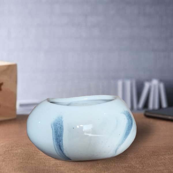 4 inch (10 cm) Stone Shape Round Cylindrical Ceramic Pot (Set of 1)(Blue Marble)