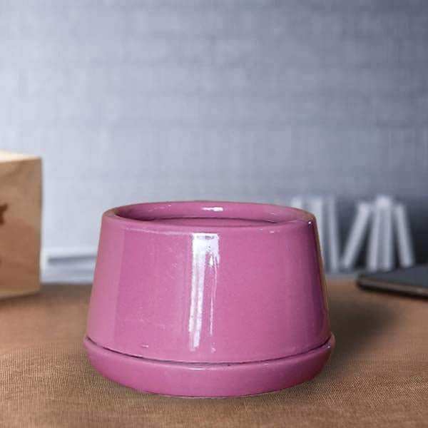 5 inch (12 cm) U Shape Ceramic Pot with Plate (Set of 1)(Pink)