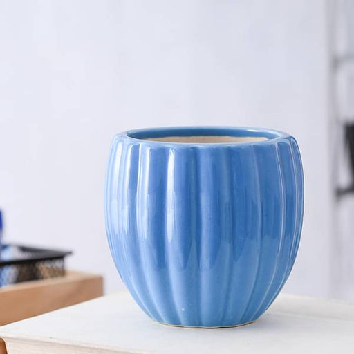 3.1 inch (8 cm) vertical ridges pattern round ceramic pot (blue) (set of 2) 