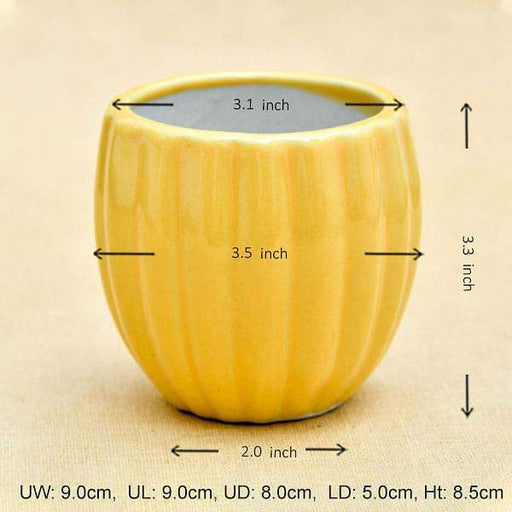 3.1 inch (8 cm) vertical ridges pattern round ceramic pot (yellow) (set of 2) 