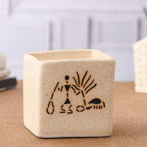 3.5 inch (9 cm) warli painting marble finish square box ceramic pot (light brown) (set of 2) 