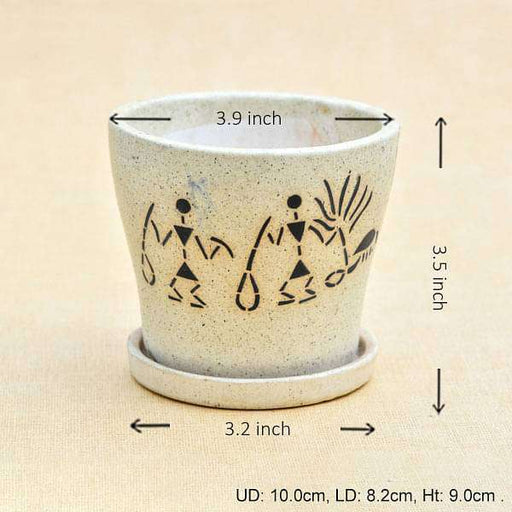 3.9 inch (10 cm) warli painting marble finish round ceramic pot with attached plate (light brown) (set of 2) 