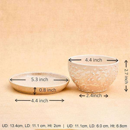 4.4 inch (11 cm) cp015 embossed bowl round ceramic pot with plate (beige) 