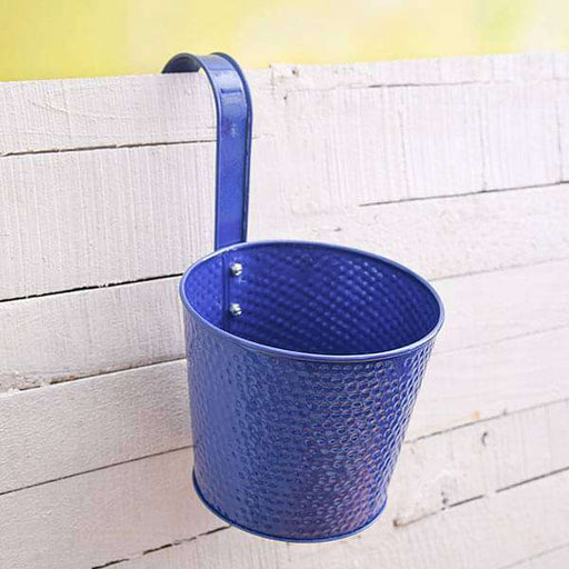 7 inch (18 cm) dot embossed railing round metal planter (blue) (set of 3) 