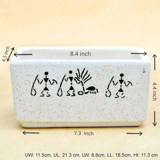 8.4 inch (21 cm) warli painting marble finish rectangle ceramic pot (white) (set of 2) 