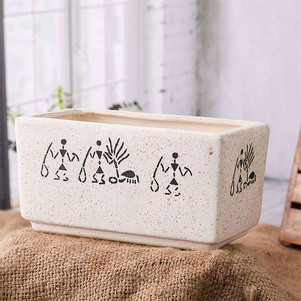 8.4 inch (21 cm) warli painting marble finish rectangle ceramic pot (white) (set of 2) 