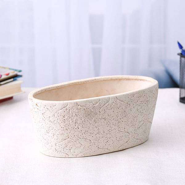 9.8 inch (25 cm) embossed marble finish oval ceramic pot (white) (set of 2) 