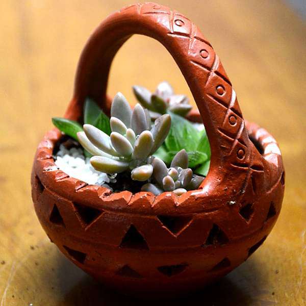 cute succulent clay basket (4.5in ht) - plant