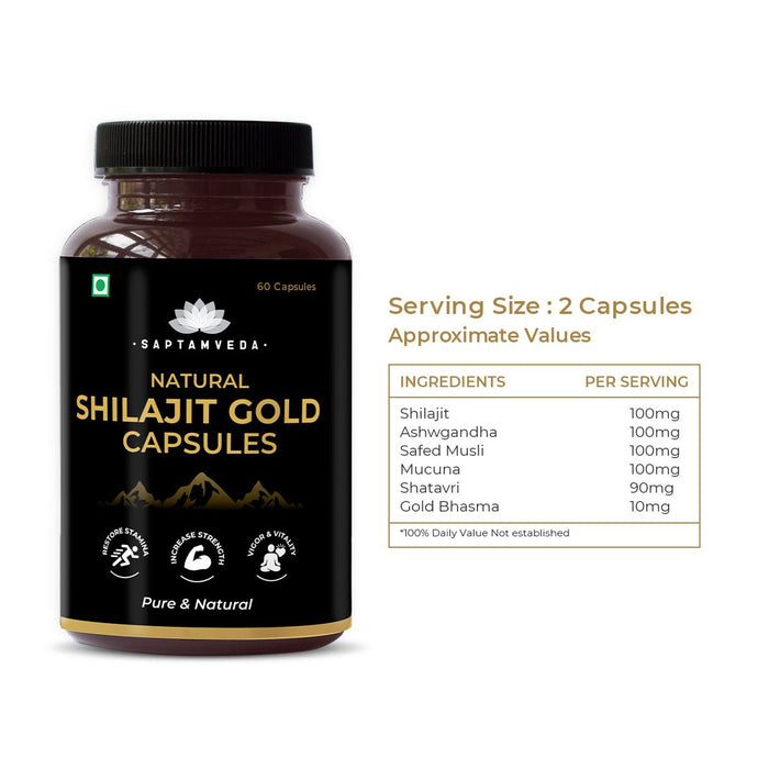 Shilajit Gold Capsule with Gold Bhasma, Kaunch Beej, Safed Musli and Ashwagandha - 60 Capsules (500MG Each)